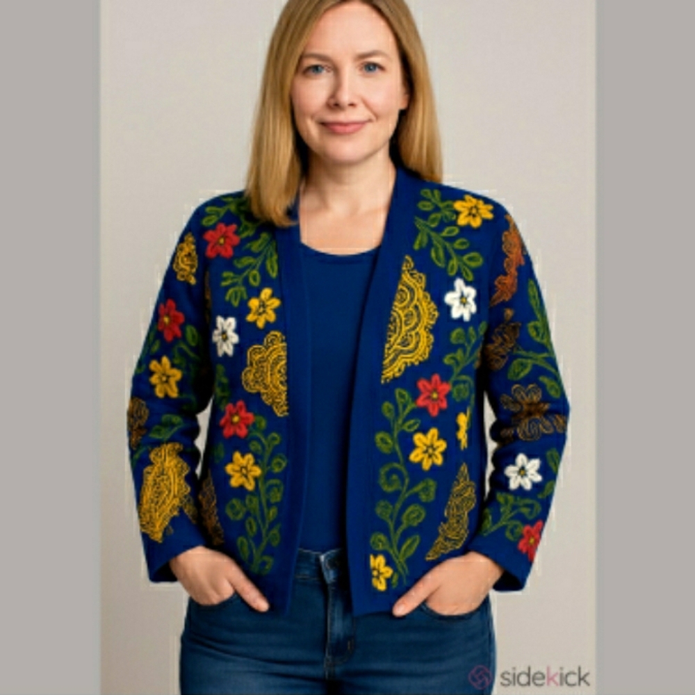 Handmade by Priscilla Creations Floral Blue Embroidered Cotton Cardigan …